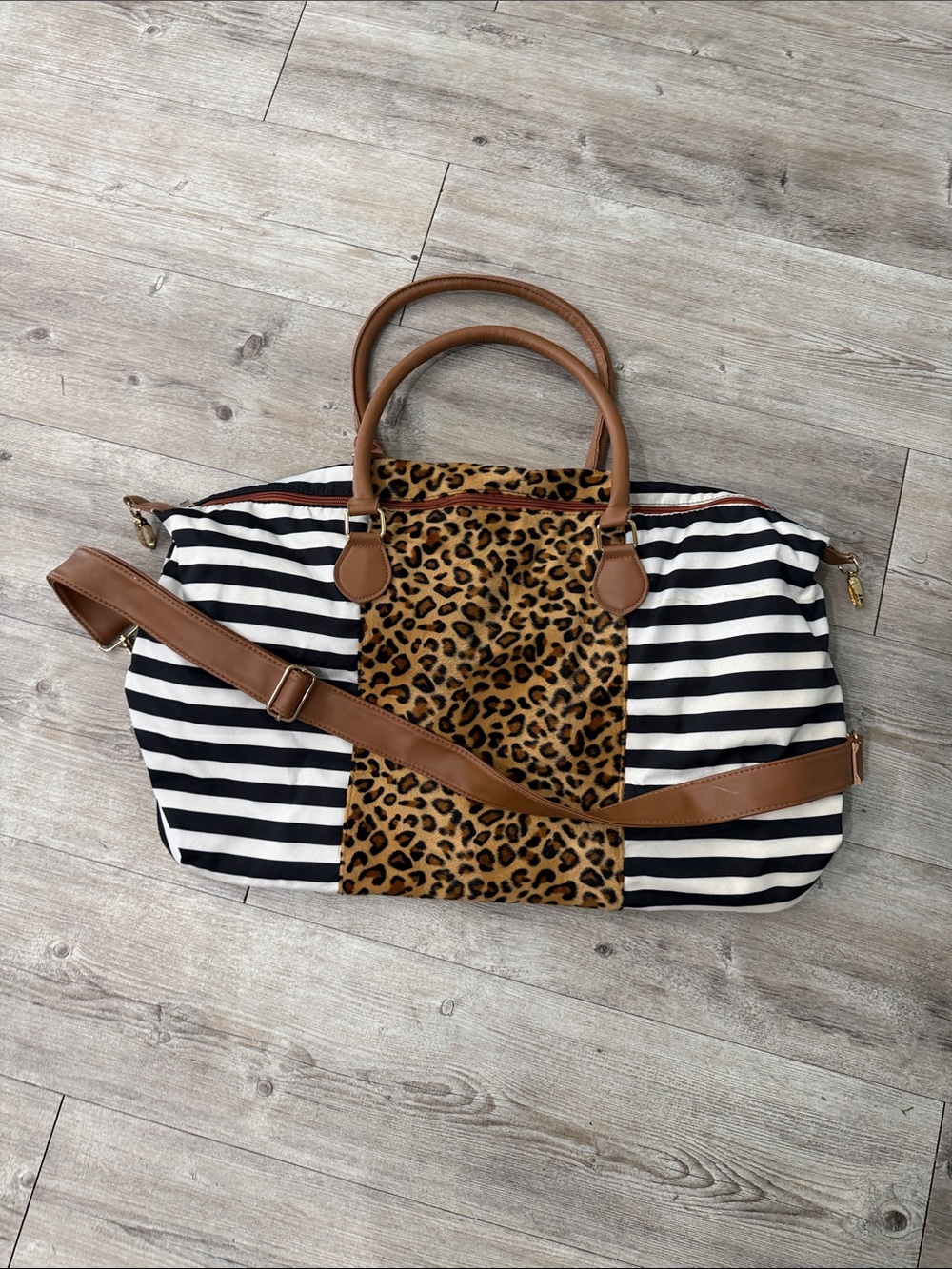 Leopard Center Stripe Travel Weekender Bag in Black, White & Brown